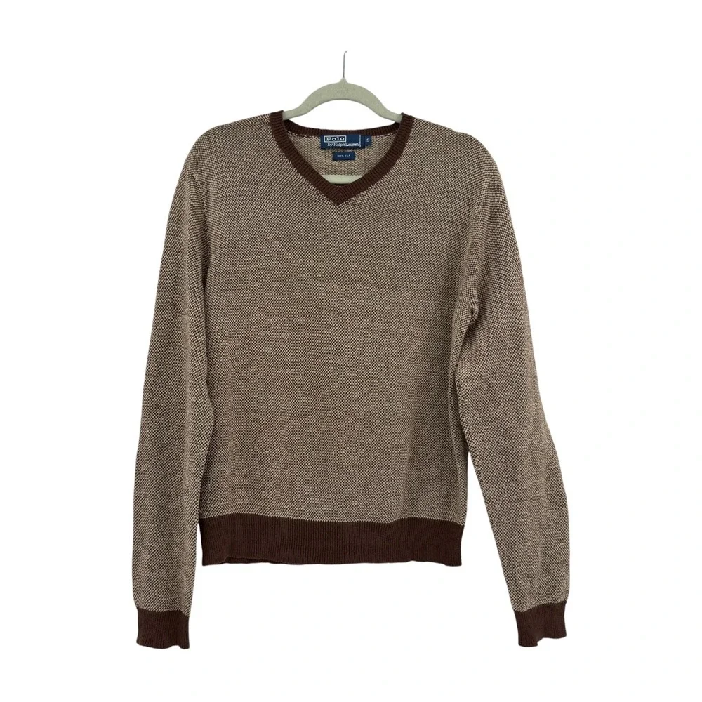 VTG Polo Ralph Lauren Mens Brown Tan 100% Silk V-Neck Knit Sweater Small
